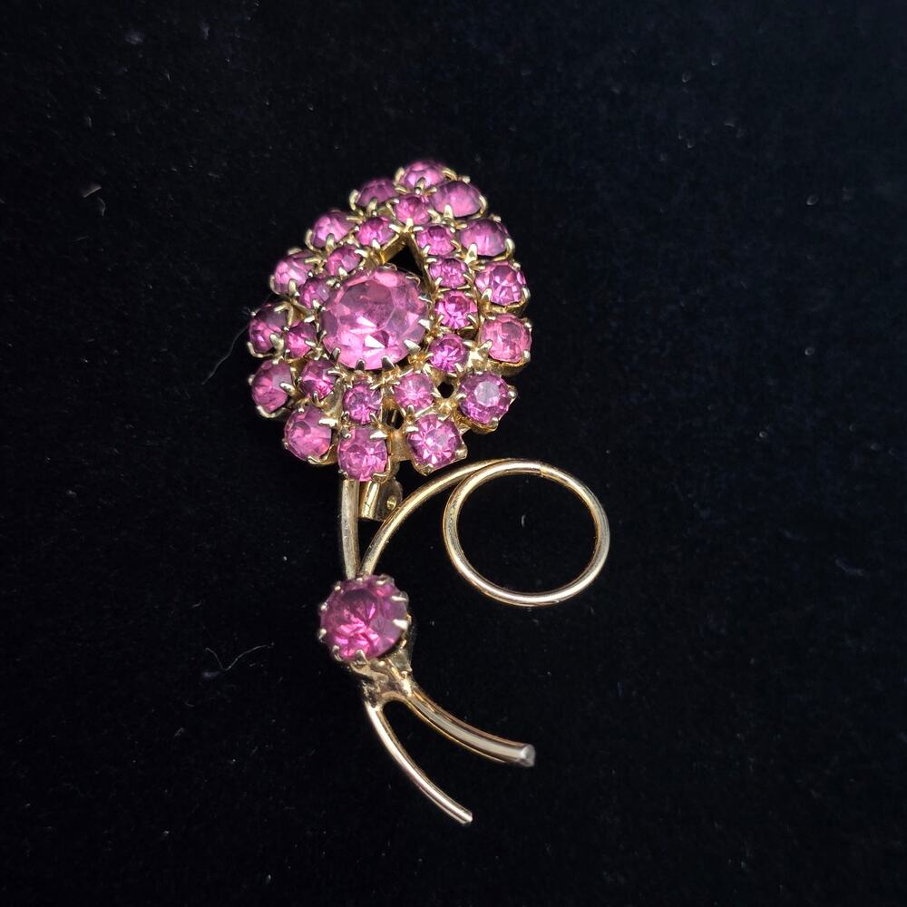 Vintage Pink Rhinestone Flower Brooch Gold Tone Floral 1960s Glam Jewelry